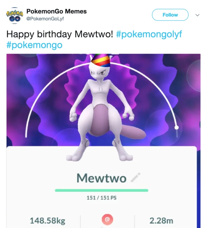 Tweet from PokemonGo Memes celebrating Mewtwo's birthday with a party-hat edit