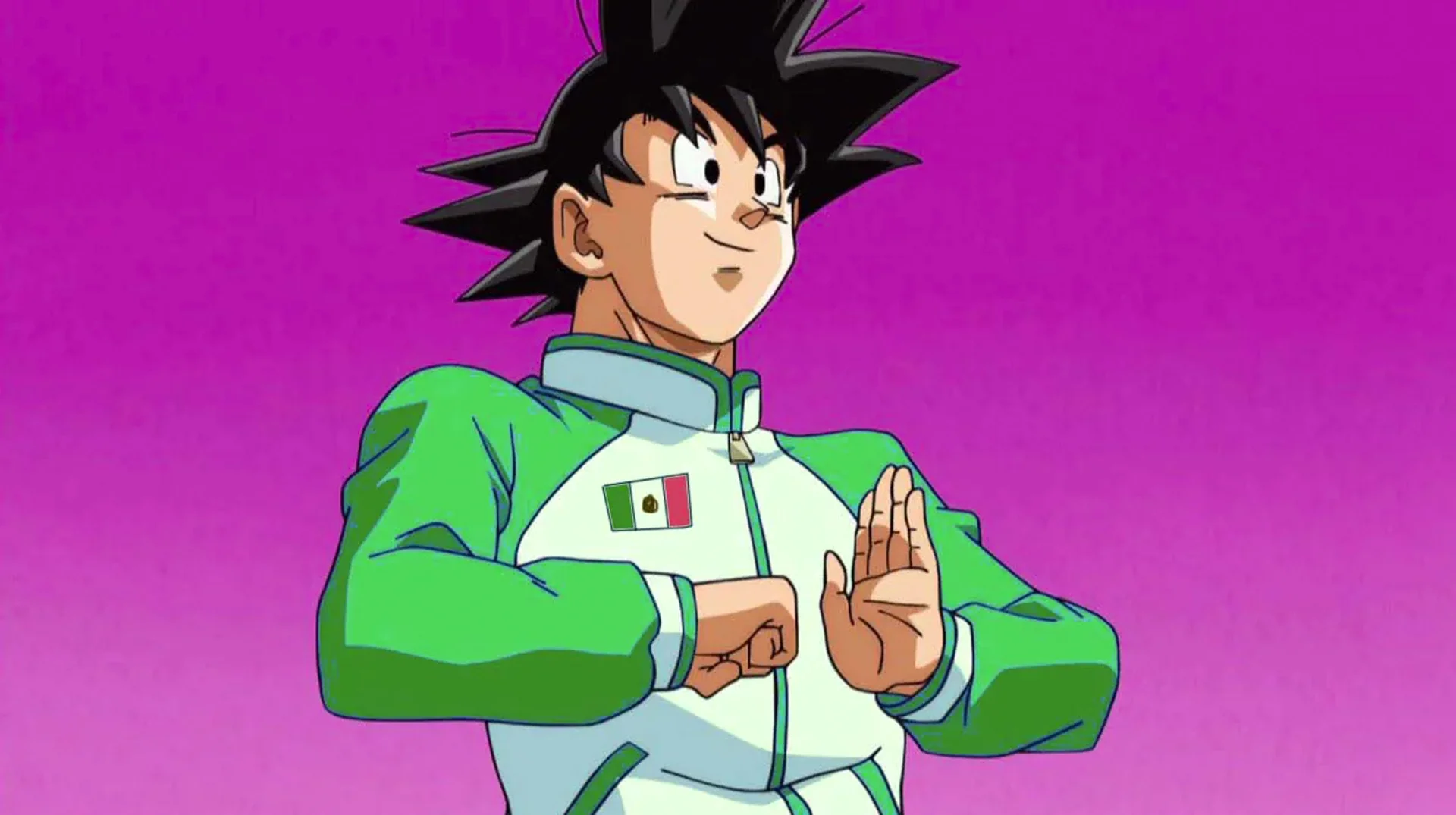 Mexico Loves Dragon Ball — Goku wearing a Mexico national team tracksuit with the Mexican flag on his chest.
