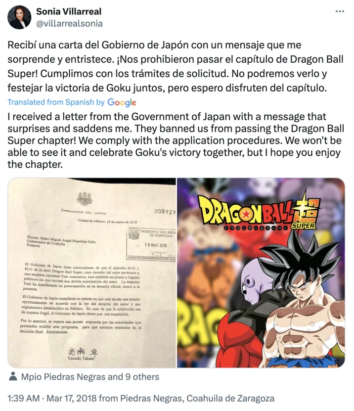 Mexico Loves Dragon Ball — Tweet by Sonia Villarreal announcing Japan's ban on public Dragon Ball Super screenings in Mexico.