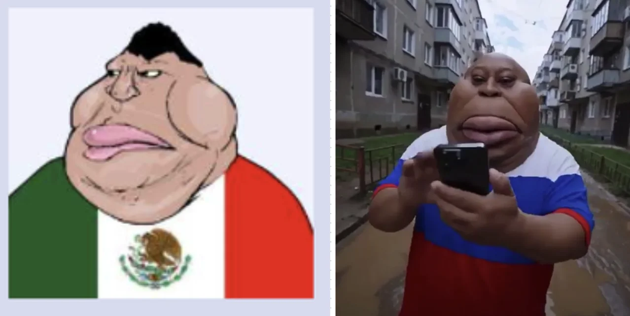 Side-by-side of the cartoon Meximutt in a Mexican flag shirt next to a live-action version in a Russian flag shirt holding a phone