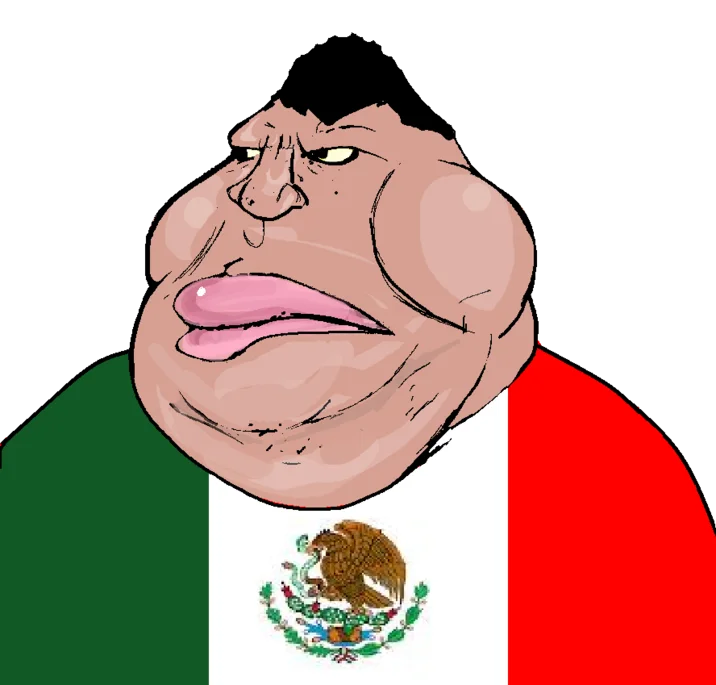 Close-up of the Meximutt cartoon character with a scowl, tongue out, wearing a Mexican flag shirt