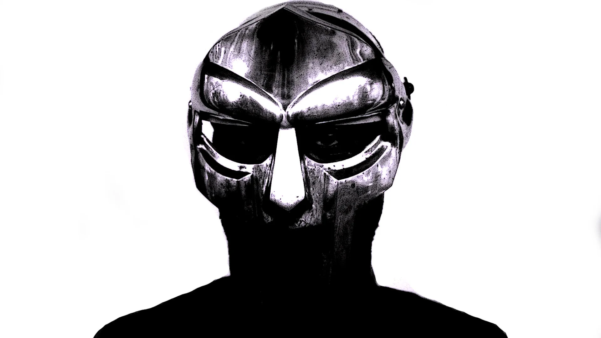 MF DOOM wearing his signature metal mask in high-contrast black and white
