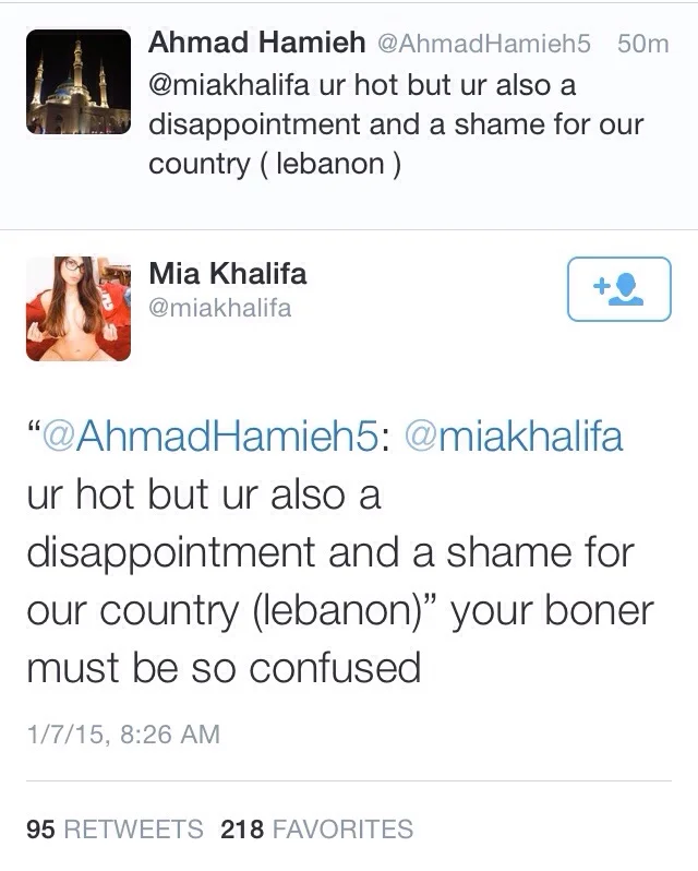Mia Khalifa Death Threats — Mia Khalifa tweet replying to a Lebanese critic that his boner must be confused.