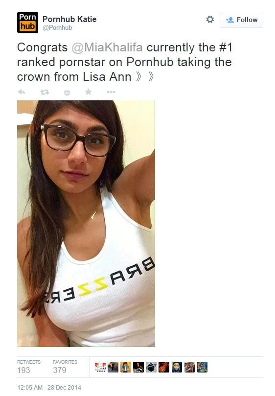 Mia Khalifa Death Threats — Pornhub tweet congratulating Mia Khalifa as the #1 ranked performer on the site.