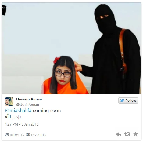 Mia Khalifa Death Threats — Hussein Annan tweet threatening Mia Khalifa with an edited ISIS execution image.