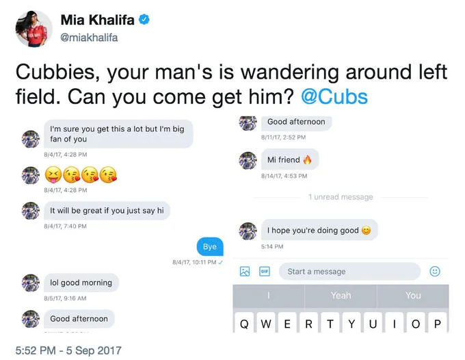 Twitter DM exchange between Chad Kelly and Mia Khalifa with sarcastic replies