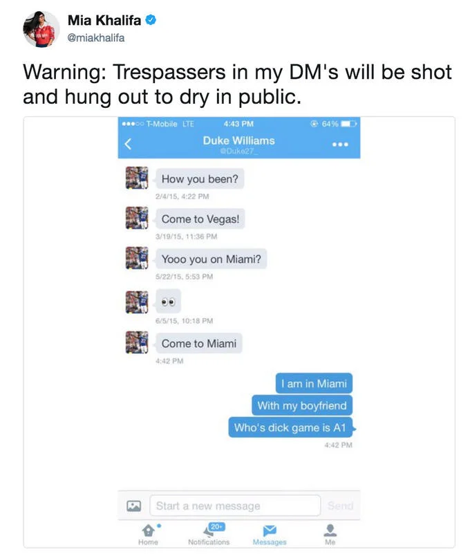 Mia Khalifa tweet exposing DM messages from Duke Williams with warning about trespassers