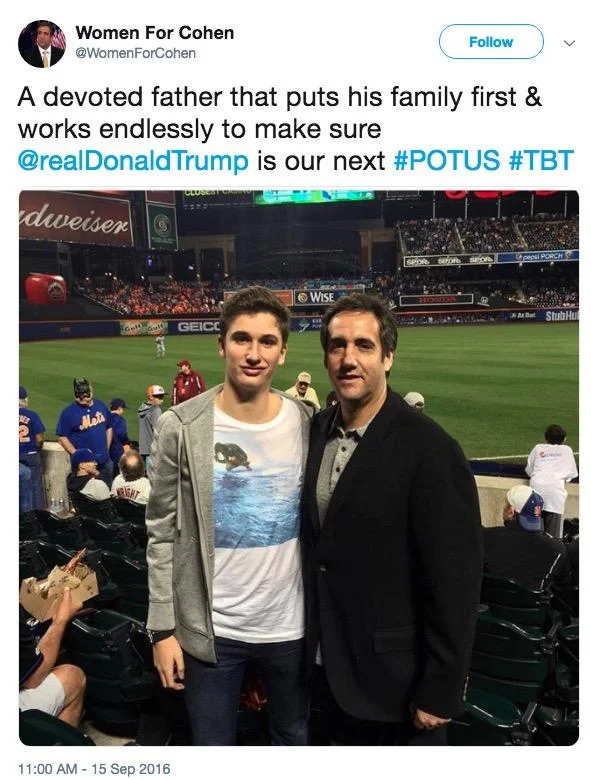 Michael Cohen selfie in mirrored sunglasses posted by Women For Cohen account