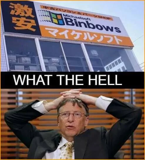 Two-panel meme: Michaelsoft Binbows sign above a shocked Bill Gates captioned 'What the Hell'.