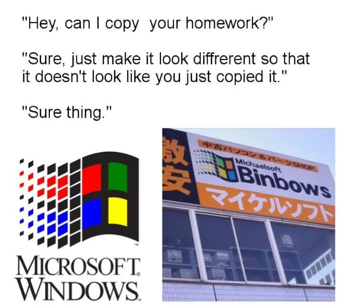 'Can I copy your homework' meme comparing Microsoft Windows logo with Michaelsoft Binbows.