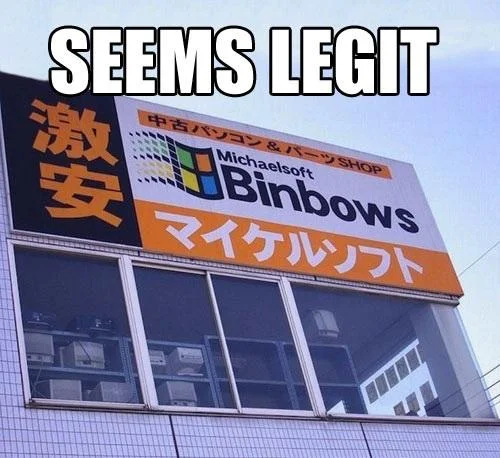 Michaelsoft Binbows sign with 'SEEMS LEGIT' meme caption on top.