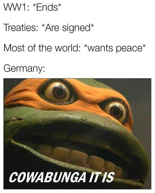 Michelangelo Open-Mouthed Stare Reaction — Michelangelo Cowabunga It Is meme about Germany after WW1