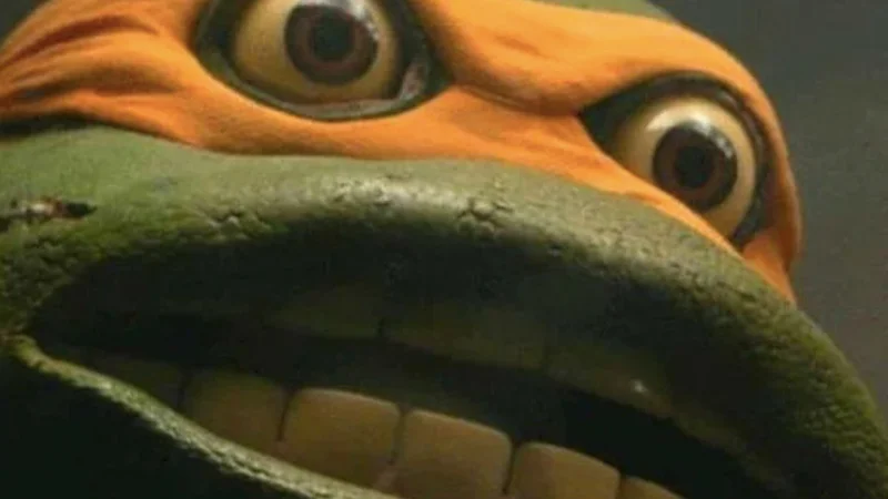 Michelangelo Open-Mouthed Stare Reaction — Close-up of TMNT Michelangelo with wide bulging eyes and open-mouthed shocked stare
