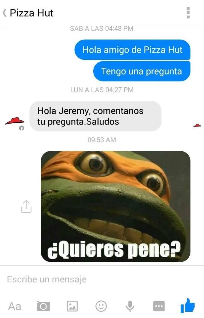 Michelangelo Open-Mouthed Stare Reaction — Facebook Messenger screenshot showing Michelangelo meme sent as a reply to Pizza Hut