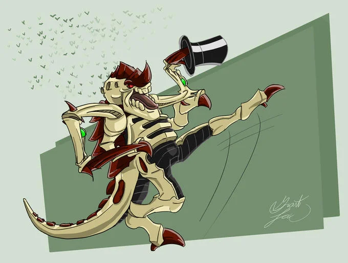 Michigan J Frog Dance Hello My Baby Hello My Honey — Fan art depicting a skeletal dragon-like creature performing the Michigan J. Frog vaudeville dance with