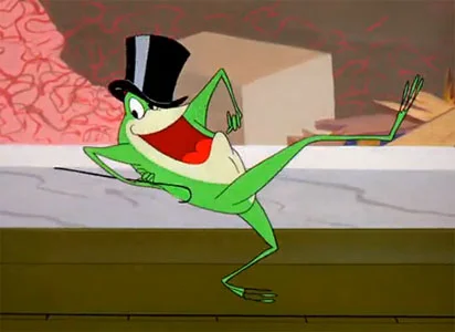 Michigan J Frog Dance Hello My Baby Hello My Honey — A vibrant still from the classic Warner Bros. cartoon featuring Michigan J. Frog mid-dance on stage