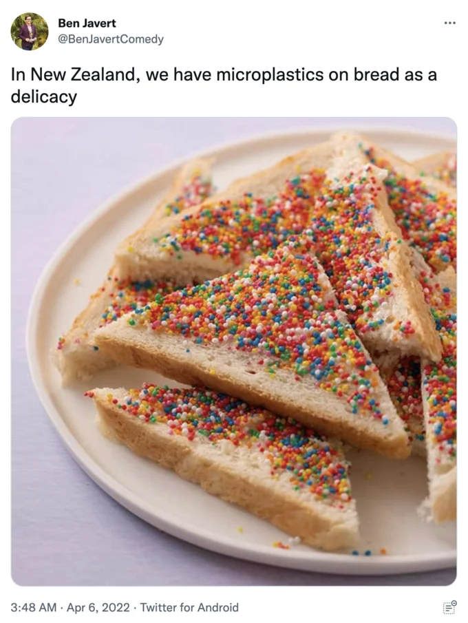 Tweet joking that New Zealand fairy bread with sprinkles is 'microplastics on bread as a delicacy'