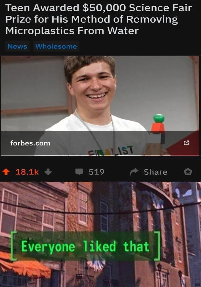Reddit post about teen science fair prize for microplastics removal with 'Everyone liked that' Fallout meme