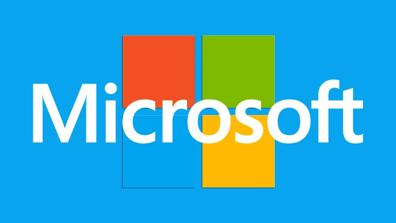 Microsoft logo with four colored squares and wordmark on a blue background