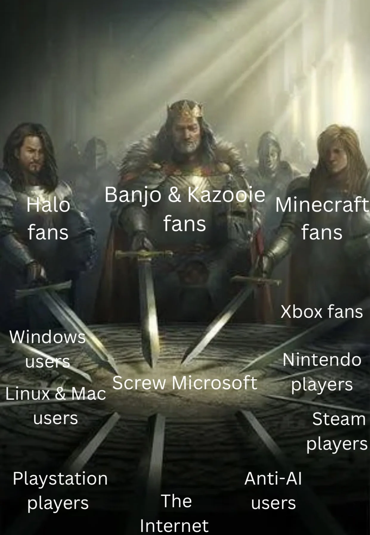 Alliance of kings meme showing gaming and tech communities united against Microsoft