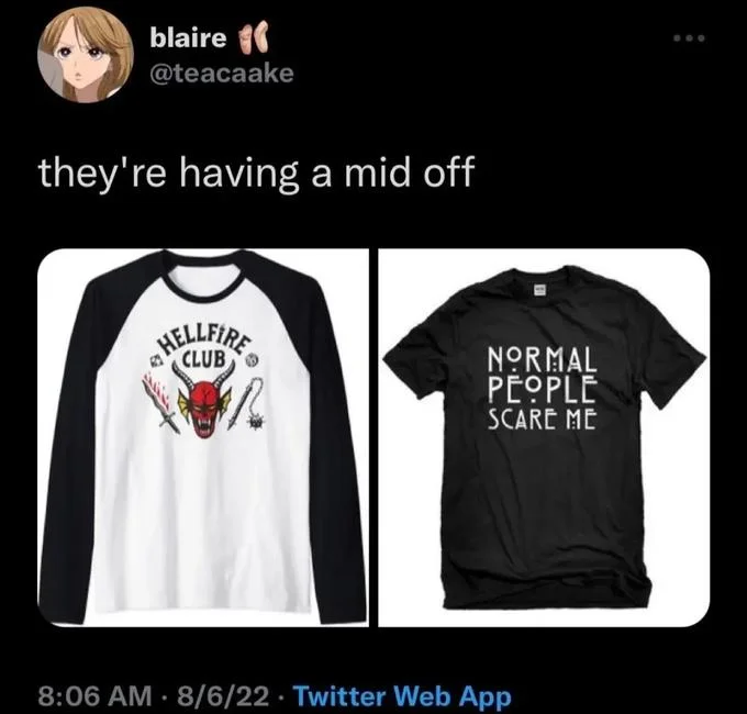 Two people in different costumes with 'Talk about having a mid off this worse'