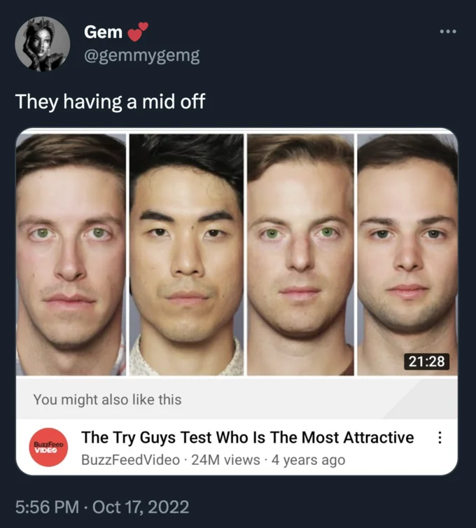 Twitter meme with four male headshots and text 'They having a mid off'