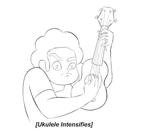 Miguel's Guitar — Steven Universe sketch strumming a ukulele with caption 'Ukulele Intensifies'
