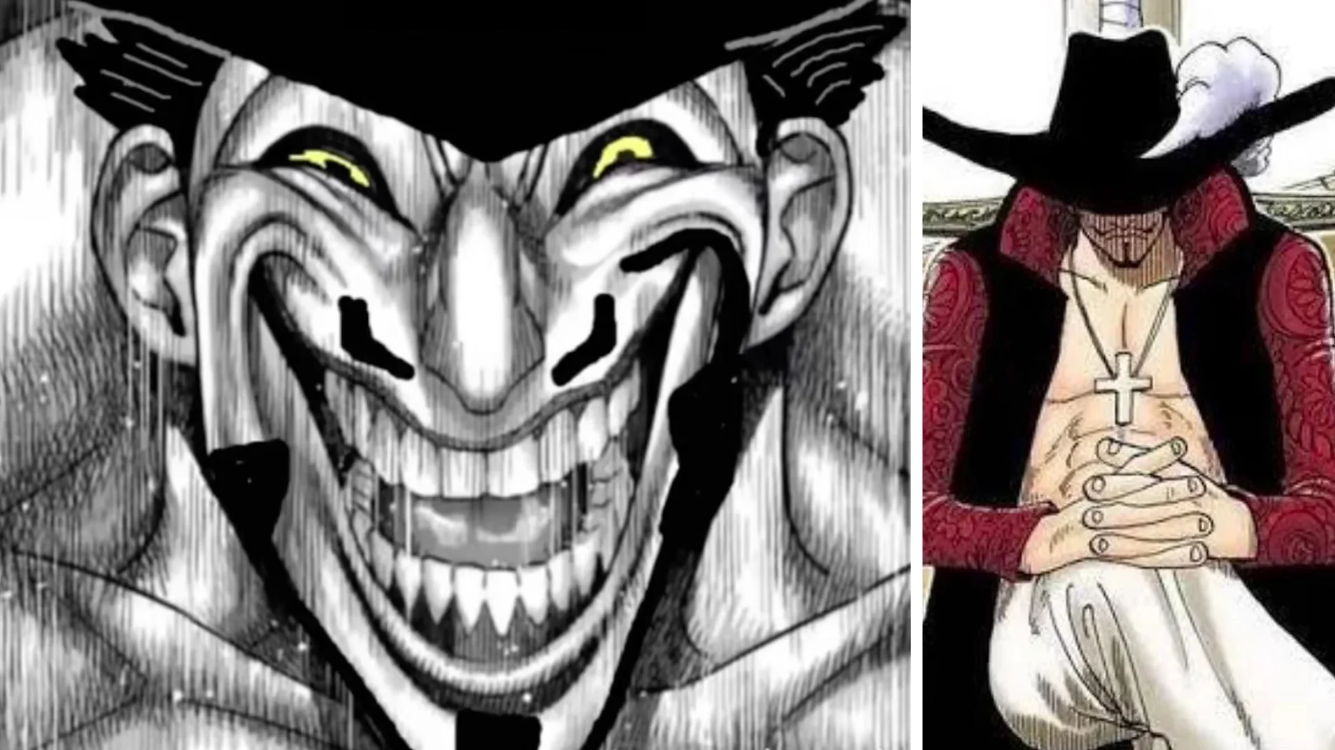 Mihawk Upscale — Split comparison of upscaled Mihawk grinning manga panel next to original One Piece Mihawk artwork