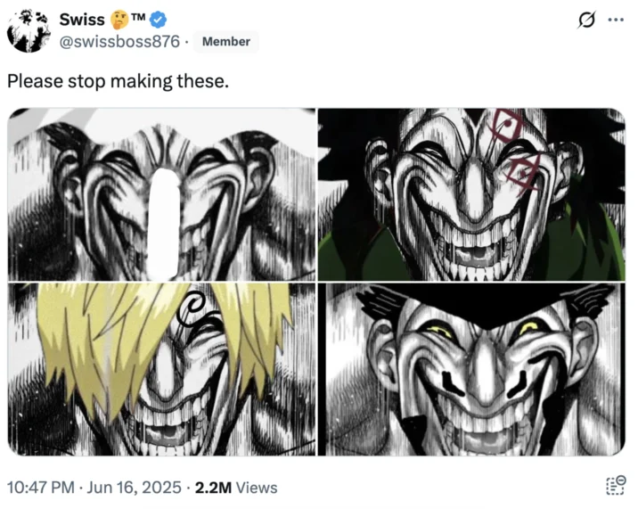Mihawk Upscale — Twitter post showing a grid of four upscaled grinning manga panel edits captioned 'Please stop making these'