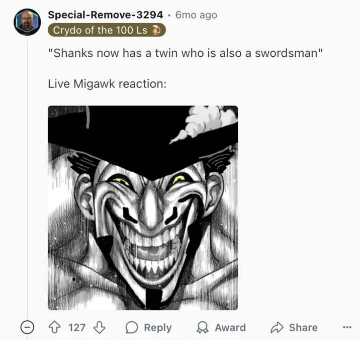 Mihawk Upscale — Reddit screenshot using the upscaled Mihawk panel as a live reaction to a One Piece spoiler