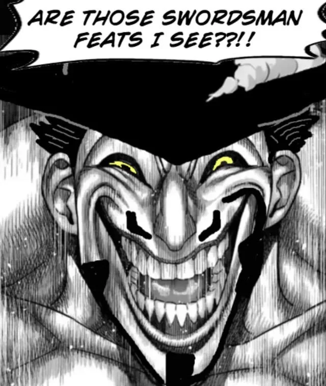 Mihawk Upscale — Upscaled Mihawk manga panel with speech bubble asking about swordsman feats