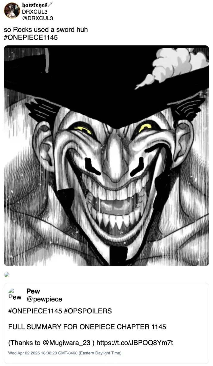 Mihawk Upscale — Twitter post using upscaled Mihawk grin as reaction to One Piece chapter 1145 spoilers