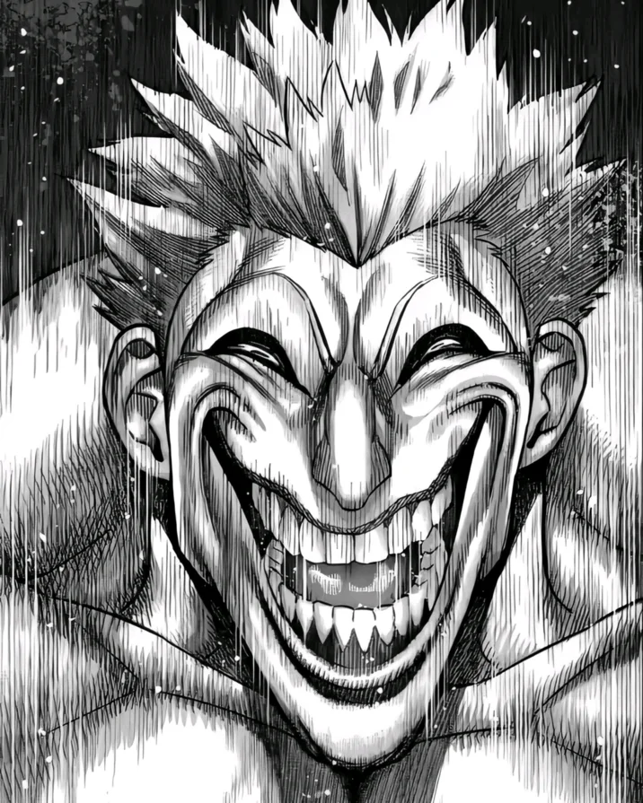Mihawk Upscale — Upscaled manga panel of a spiky-haired character with exaggerated grin and sharp teeth