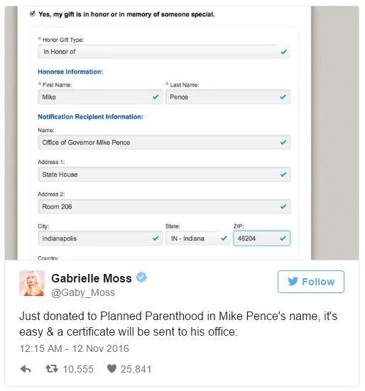 Planned Parenthood donation form in Mike Pence's name with tweet from Gabrielle Moss