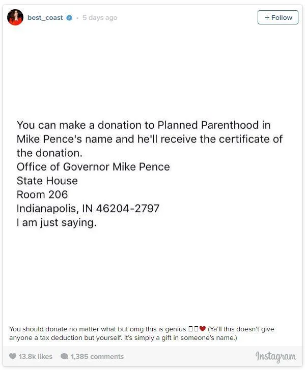 Instagram post about donating to Planned Parenthood in Mike Pence's name