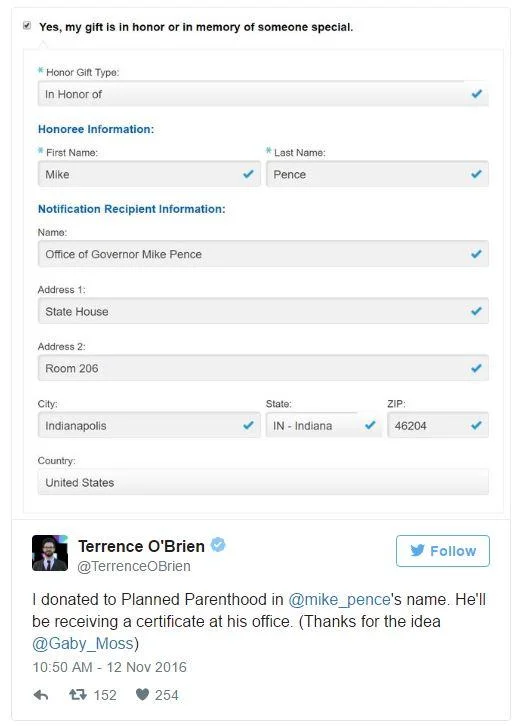 Planned Parenthood form and tweet from Terrence O'Brien donating in Mike Pence's name