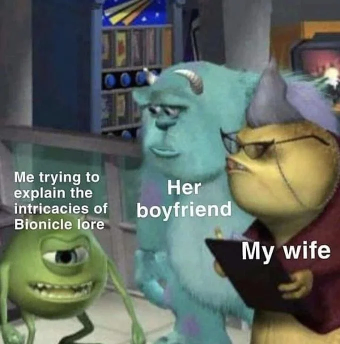 Meme template featuring Mike Wazowski, Celia, and Boo labeled for explaining Bionicle lore to spouse.