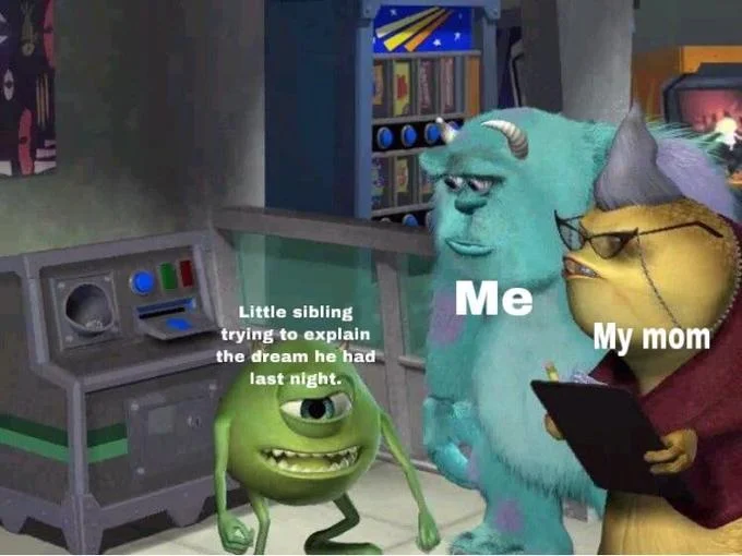 Three-character meme template showing Mike Wazowski with Sulley's face, Celia, and Boo labeled for explaining dreams to parents.