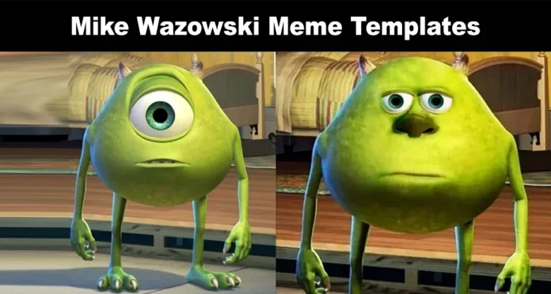 Side-by-side comparison of Mike Wazowski with and without Sulley face swap showing original one-eyed character versus two-eyed swapped version.
