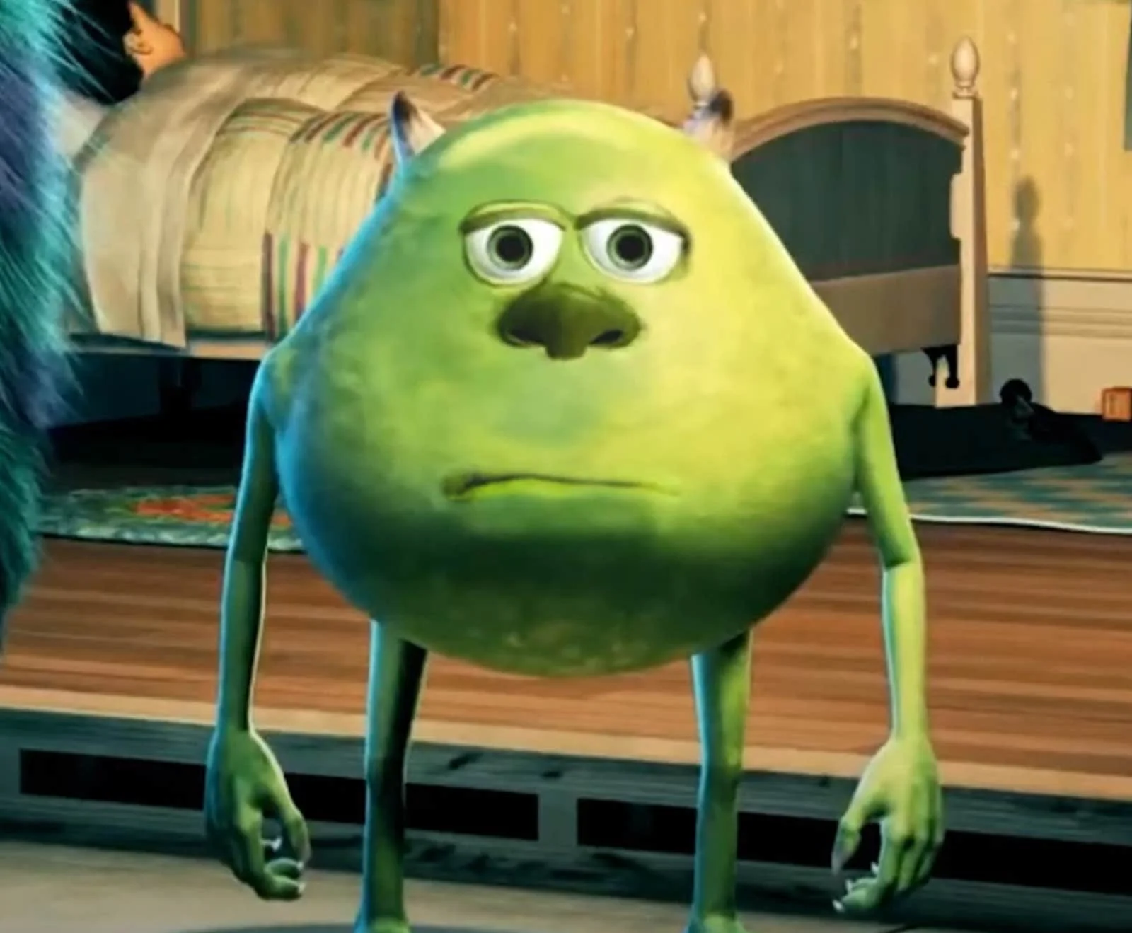 Pristine image of the face-swapped Mike Wazowski character displaying Sulley's facial features in Monsters Inc interior setting.