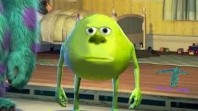 High-quality image of Mike Wazowski with Sulley's face swap showing two eyes and broader facial structure in Monsters Inc setting.