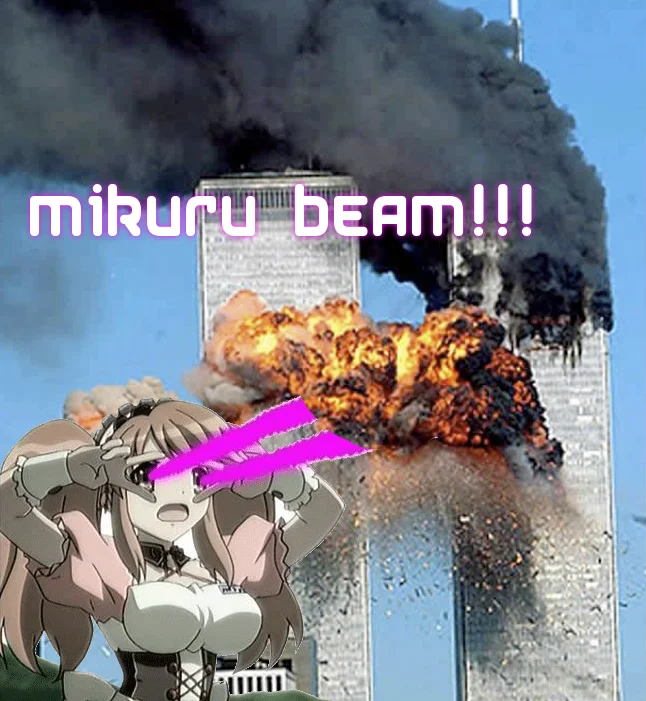 Mikuru Beam — Edgy edit of Mikuru firing a pink beam at the burning World Trade Center towers