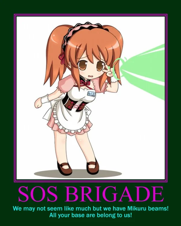Mikuru Beam — Chibi Mikuru firing a green eye beam on a demotivational SOS Brigade poster