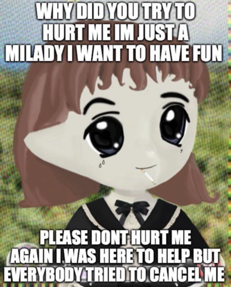 Milady — Chibi-style anime character with brown hair, large doe eyes, and bow in neochibi aesthetic formatted as reaction meme.