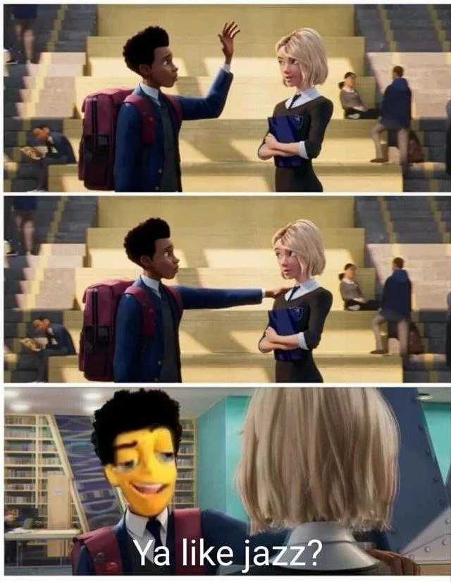 Miles Morales Says Hey — Three-panel Miles Morales meme with Simpsons face overlay saying 'Ya like jazz?'