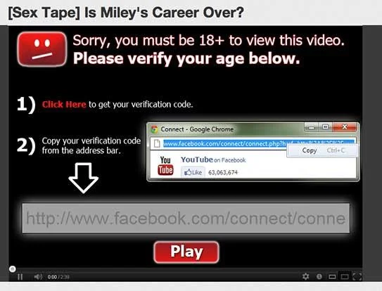 Miley Cyrus Sex Tape Facebook Scams — Fake video age verification popup asking users to click and copy a verification code