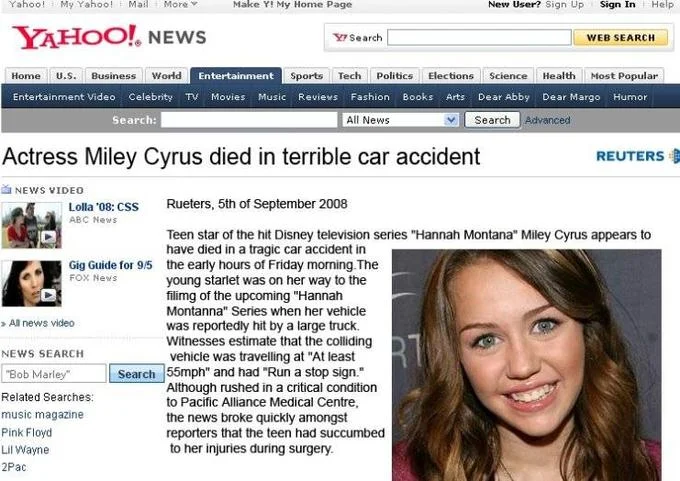 Fake Yahoo News article about Miley Cyrus death hoax