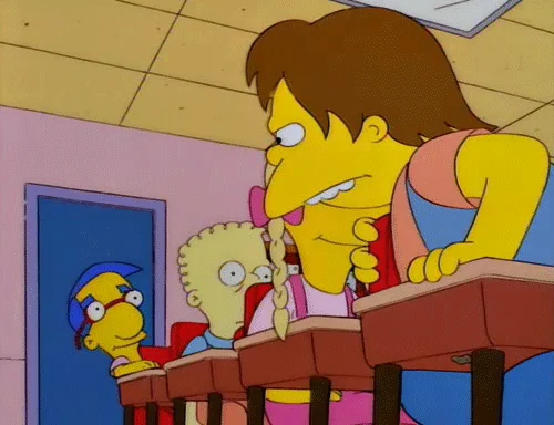 Animated screenshot from The Simpsons showing Milhouse interacting with another character in domestic setting.