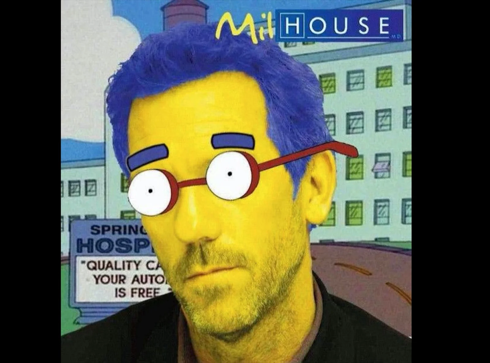 Milhouse Van Houten character portrait with blue hair and glasses