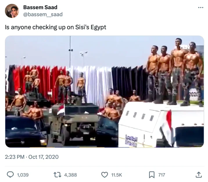 Military Thirst Traps Thirst Trap Propaganda — 2020 tweet featuring shirtless Egyptian soldiers on military vehicles in parade formation with caption about